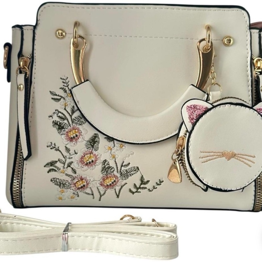 Cream Floral Embroidered Structured Satchel Crossbody Bag Cat Coin Purse Charm - Picture 14 of 15